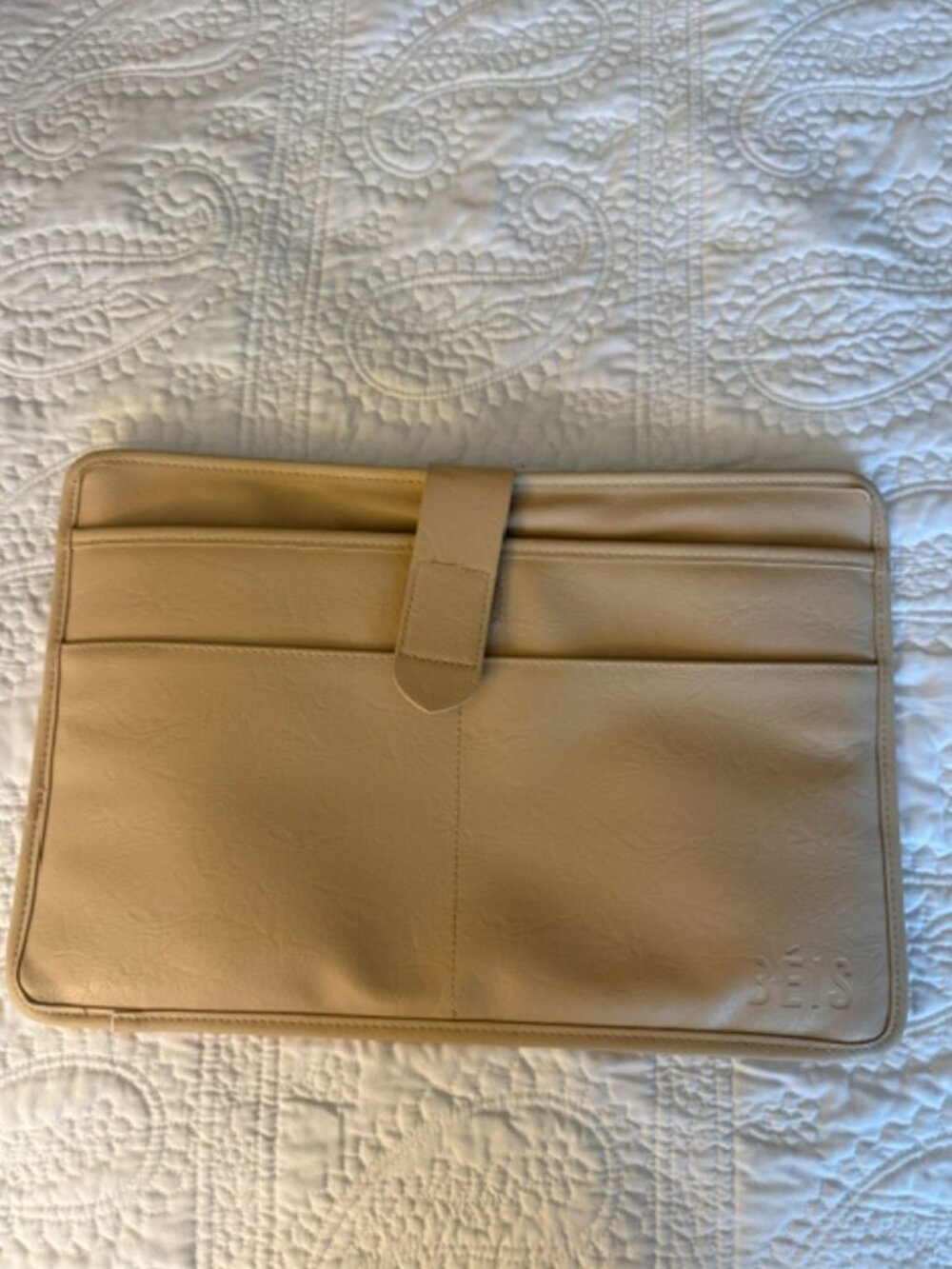 BEIS Cream Leather Laptop Sleeve with Velcro Strap
